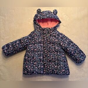 Carter's Floral Pattern Puffer Zip & Button Up Jacket Pink Lining & Ear Detail